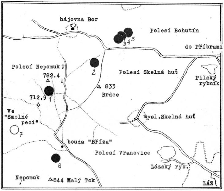 mapka lokalizace pecí z roku 1960