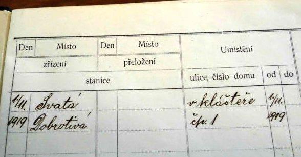 záznam o zřízení četnické stanice dne 1. 11. 1919